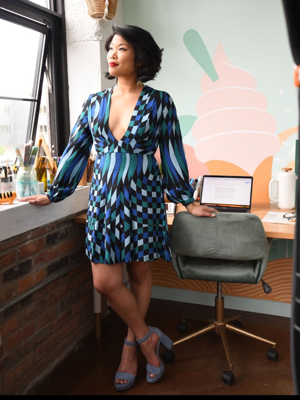 RIXO Blue and Green Geometric Mini Dress